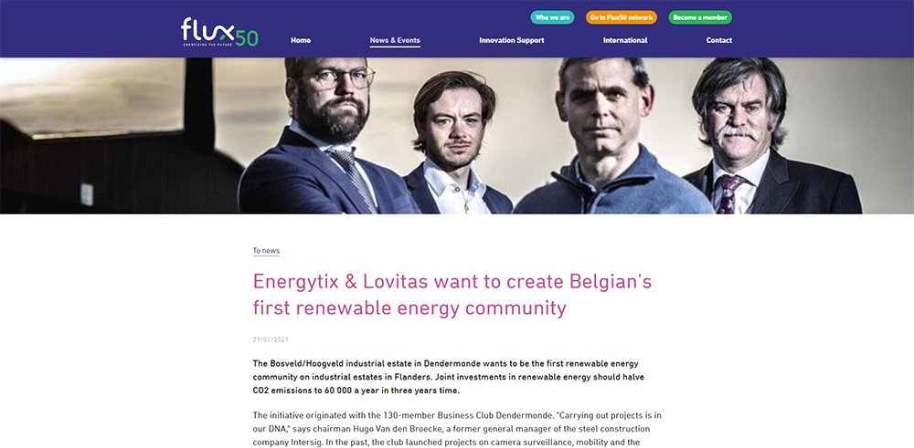 Vermelding van Energytix op de website van Flux50